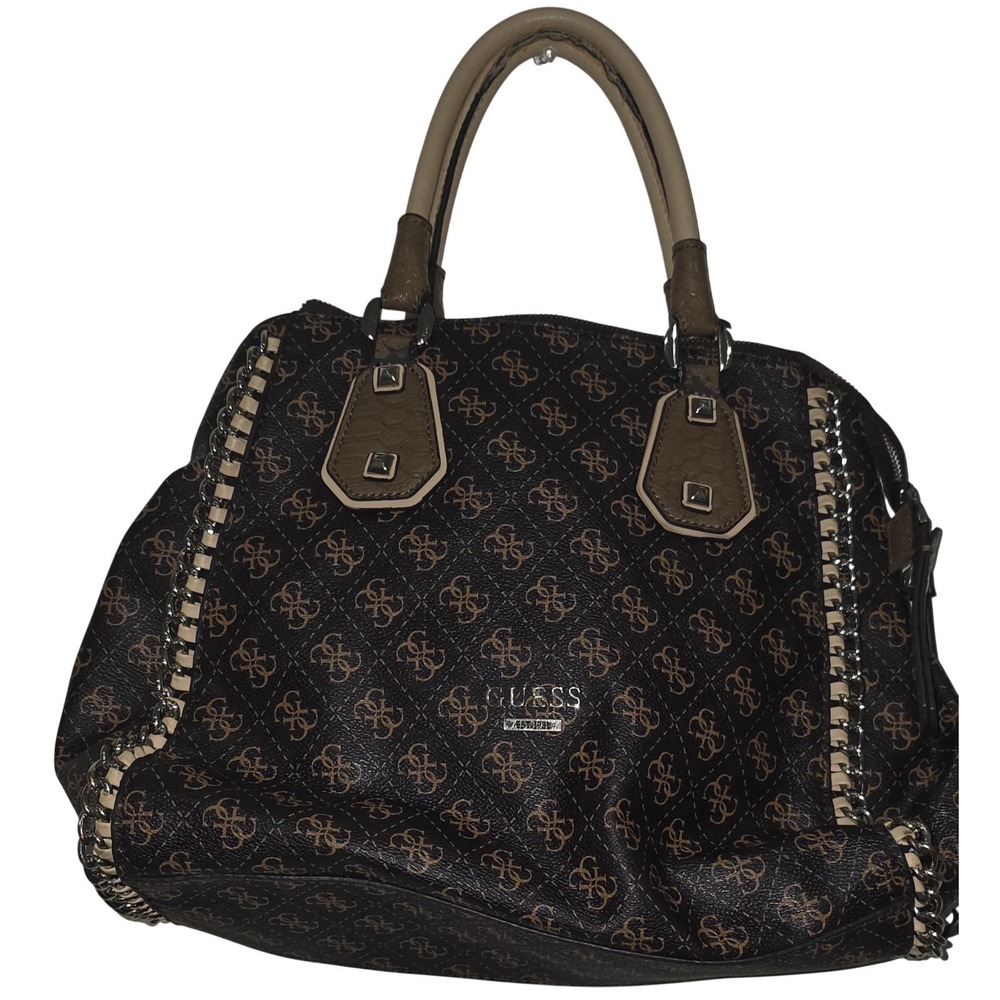 GUESS‎ Brown Beige Logo Chain Studded Satchel Bag Silver Hardware